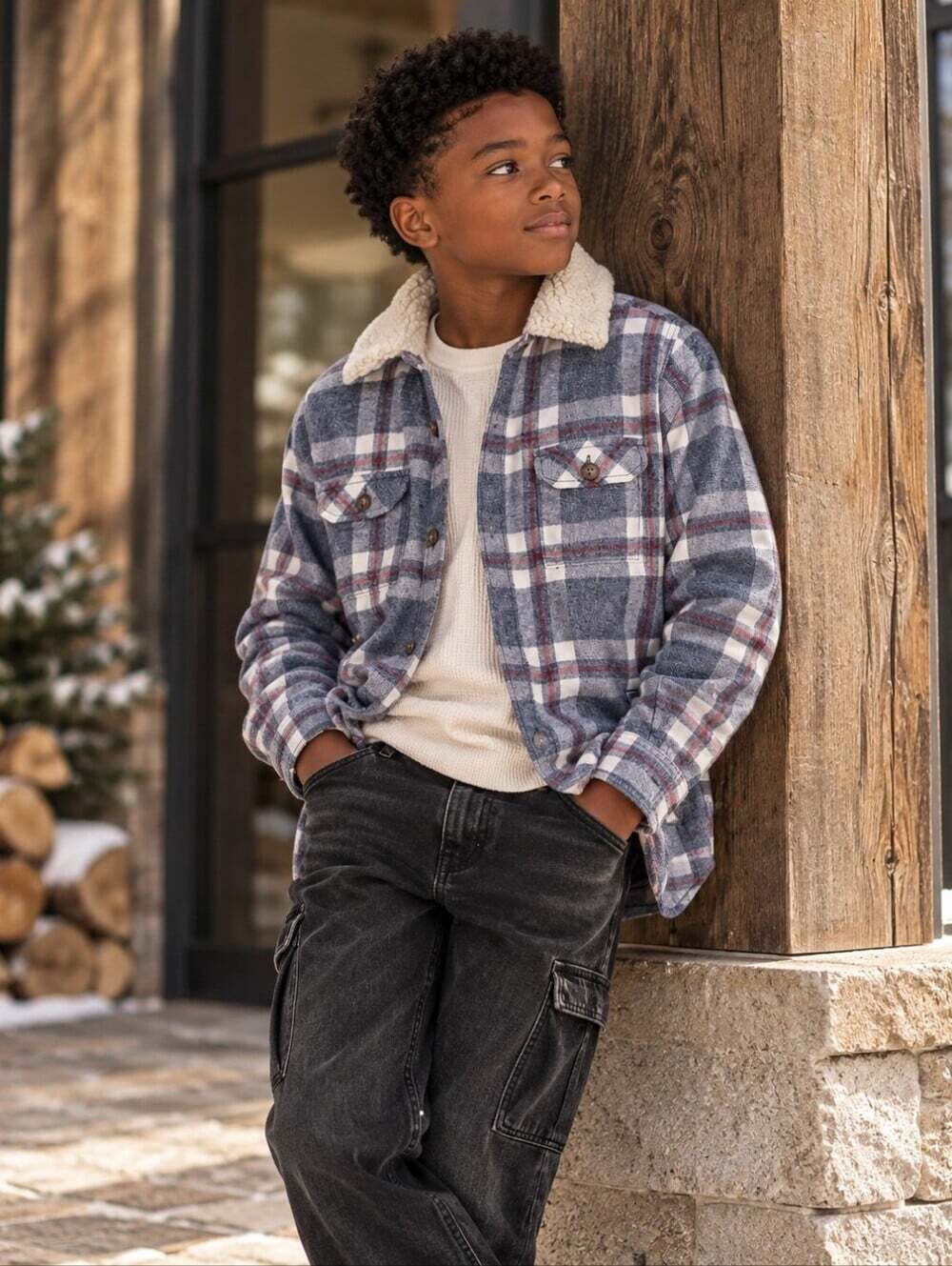 Gap Kids Sherpa Lined Plaid Flannel Shirt Jacket Shacket Size 10-11Y L